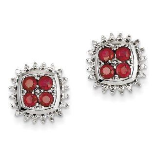 Sterling Silver Rhodium Plated Diamond & African Ruby Post Earrings Jewelry