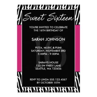 Black and Pink Zebra Pattern Sweet 16 Birthday Personalized Invites