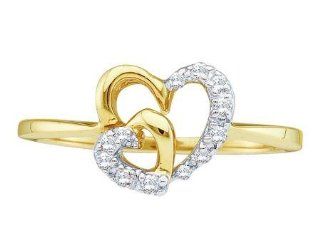 0.12 Carat (ctw) 10K Yellow Gold Round Cut White Diamond Ladies Double Heart Promise Ring Jewelry