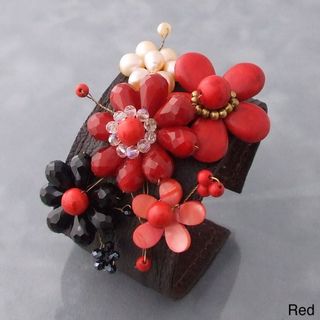Gemstone and Pearl Floral Blossom Leather Cuff Bracelet (5 8 mm)(Thailand) Bracelets