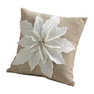 White Poinsettia Felt Holiday Design Decorative Throw Pillow, 17 inch Square  