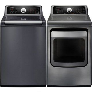Samsung Stainless Platinum 4.8 Cu Ft Top Load Washer and 7.4 Steam Electric Dryer WA484DSHASU_DV484ETHASU Appliances