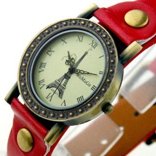 Paris Eiffel Tower Dial Retro Belt Lady Watch Pointer Display Leather Strap Quartz Movement Fashion Trend WA504 Red Color Watches
