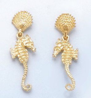 14k Gold Nautical Shell & Seahorse Double Dangle Earrings Million Charms Jewelry