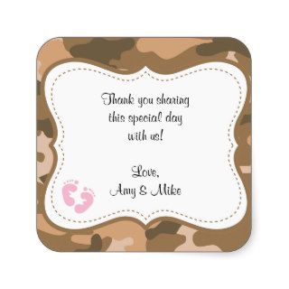 Brown Camo Baby Shower Favor Label w/pink feet Stickers