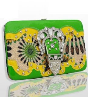Green and Yellow Pattern Buckle Rhinestone Wallet Shoes
