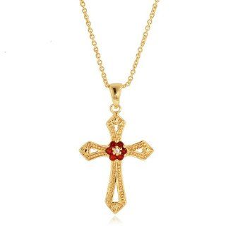 Garnet & White CZ Cross Pendant in Yellow Gold Over Bronze with Chain Pendant Necklaces Jewelry