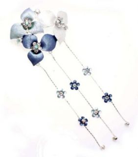 Silver Blue Hazy Triple 3 Point Flowers Barrette Hair Clip with Dangles Clothing