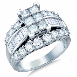 14K White Gold Large Diamond Engagement Ring   Emerald Shape Center Setting w/ Invisible Channel Set Princess, Round, & Baguette Diamonds   (3.0 cttw) Sonia Jewels Jewelry