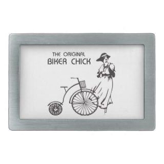 The original biker chick, vintage bike and female rectangular belt buckle
