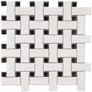 SomerTile 9.75x9.75 in Basket Weave 1x2.5 in White/Black Porcelain Mosaic Tile (Pack of 10) Somertile Wall Tiles