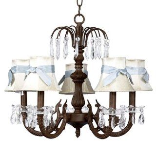 Jubilee Collection   Mocha waterfall chandelier with plain ivory shades tied with blue sashes. 18 1/4W x 17 1/2H  