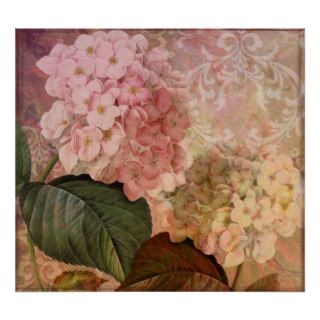 Vintage Botanical Poster, Pink Hydrangea