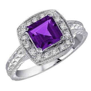 DivaDiamonds C2766AW7SS Sterling Silver Square Amethyst and Diamond Ring with Decorated Shank   Size 7 Diva Diamonds 