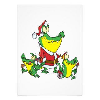 funny gator christmas santa and elves cartoon custom invite