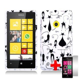 Nokia Lumia 521 (T Mobile) 2 Piece Snap on Rubberized Image Case Cover, Black Fancy Cats/Hearts White Cover + LCD Clear Screen Saver Protector Cell Phones & Accessories