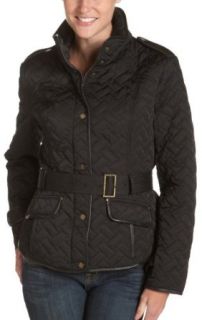 Cole Haan Women's Military Style Zipper Single Breasted Signature Quilt Belted Jacket, Black, Small