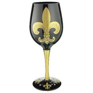 Bottom's Up 15 Ounce Fleur de Lis Handpainted Wine Glass, Gold Kitchen & Dining