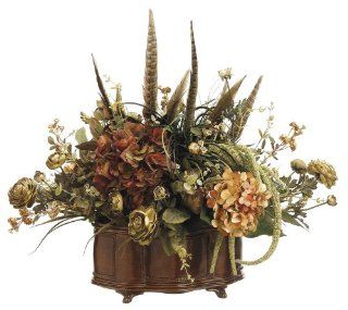 31"Hx24"Wx30"L Hydrangea/Ranunculus/Feather in Oval Resin Container Amber   Artificial Mixed Flower Arrangements