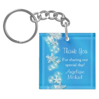 Blue white beach starfish wedding square acrylic keychains