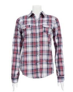 Gray Red White Ladies Cotton Gingham Button Down Shirt
