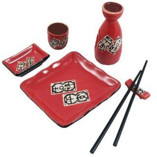 Red Asian Saki Dinner for 1 Place Setting Plate Rest Chopsticks Saki Cup and Saki Carafe Sushi Plates Kitchen & Dining