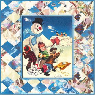 Vintage Snowman and Boys Snowball Fight Photo Cutouts