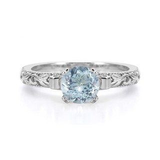 1 Carat Art Deco Aquamarine Engagement Ring, 14K White Gold Jewelry
