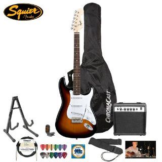 Squier Bullet by Fender (031 0001 532) Brown Sunburst Strat w/ Picks, Tuner, Stand, Bag, Strap, Cable, Strings, Amp & Online Lesson Musical Instruments