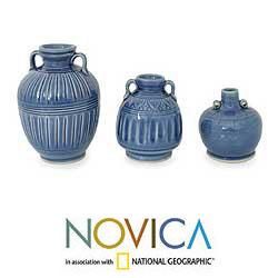 Set of 3 'Sawankhalok Sky' Celadon Ceramic Vases (Thailand) Novica Vases