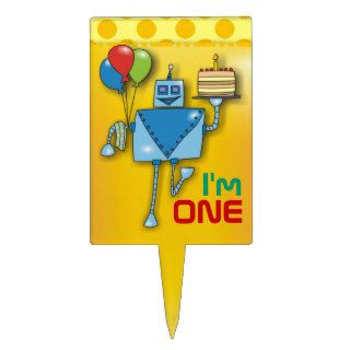 1st Birthday Cute Robot Yellow Cake Toppers