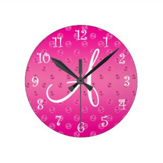 Monogram pink anchors polka dots round clock