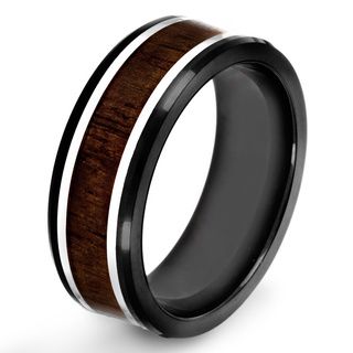 Black plated Stainless Steel Dark Wood Inlay Ring West Coast Jewelry Men's Rings