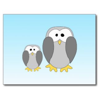 Two Cute Penguins. Cartoon on Sky Blue. Postcards