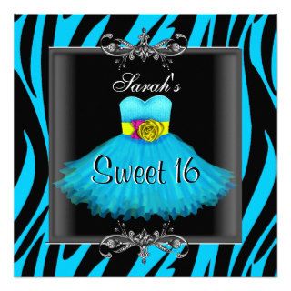 Sweet Sixteen 16 Birthday Blue Zebra Black Dress Custom Invitation