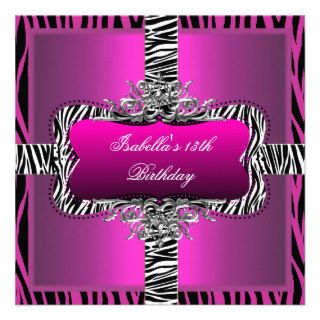 Birthday Party 13th Teen Wild Pink Zebra Black Invite