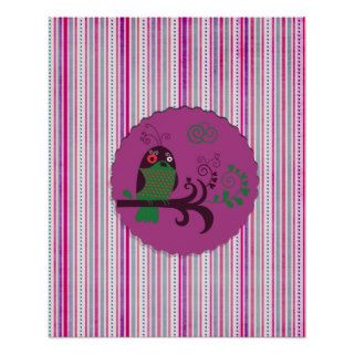 Purple cute whimsical owl on funky stripes pattern poster