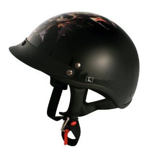 VCAN V531 Cruiser Hot Skull and Fire Gloss Black Large Half Helmet Automotive