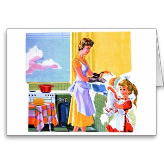 Retro Vintage Kitsch Kids Doing Dishes With Mom Cards