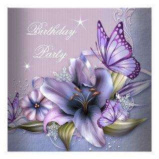 Pretty Purple Pink Butterfly Flowers Birthday Invitations