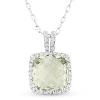 Natural 3ct Cushion Cut Green Amethyst Gemstone & Diamond Necklace Set In 14K White Gold Eros' Iced Showroom Jewelry