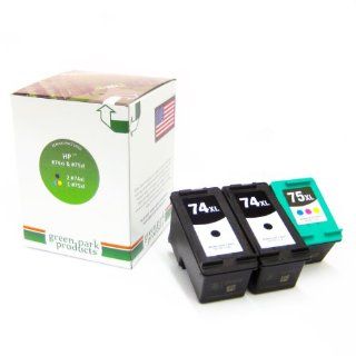 Green Park Products HP 74xl & 75xl 3 Pack Premium Remanufactured Ink Cartridges. The box contains 2 HP 74xl (CB336) Black, and 1 HP 75xl (CB338) Color inkjet Cartridges. For use with HP Deskjet D4260, D4360, Officejet J5740, j5780, J6450, J6480, Photo