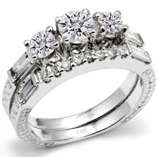 1.00 Carat (Ctw) 14k White Gold Round & Baguette 3 Stone Diamond Ladies Bridal Engagement Semi Mount Ring Matching Wedding Band Set (No Center Stone) Jewelry