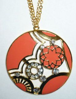 Orange Enamel & Crystal Disc Necklace with 20" Chain Jewelry