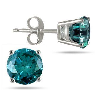 1.00 CTW Round Blue Diamond Solitaire Stud Earrings in 14K White Gold SZUL Jewelry