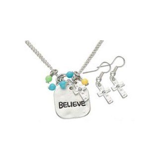Inspirational Believe Charm Necklace & Earring Set   Silver Tone   Inspire Belief Fashion Jewelry Set (Cross Charm)   Pendant Necklaces