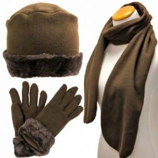 Luxury Divas Brown Cloche Fur Trim Fleece 3 Piece Hat Scarf & Glove Set Cold Weather Gloves