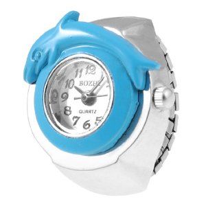 Blue Dolphin Shaped Housing Elastic Band Finger Ring Watch for Women Watches