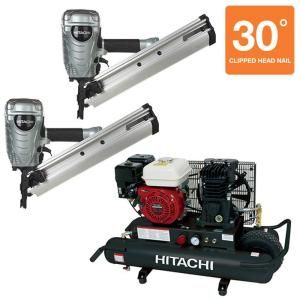 Hitachi 3 Piece Two 3 1/2 in. Paper Collated Framing Nailer and 8 Gal. Gas Powered Wheeled Air Compressor Kit KCW 90D X2
