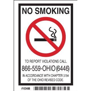 Brady 103488 Self Sticking Polyester Ohio No Smoking Sign, 5" X 3 1/2", Legend "No Smoking To Report Violations Call 866 559 Ohio (6446) In Accordance With Chapter 3794 Of The Ohio Revised Code." Industrial Warning Signs Industrial &a